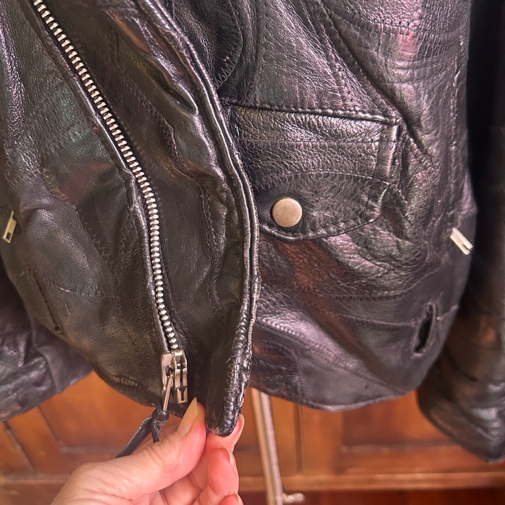 80s Black Leather Patchwork Motorcycle Jacket XL - image 11